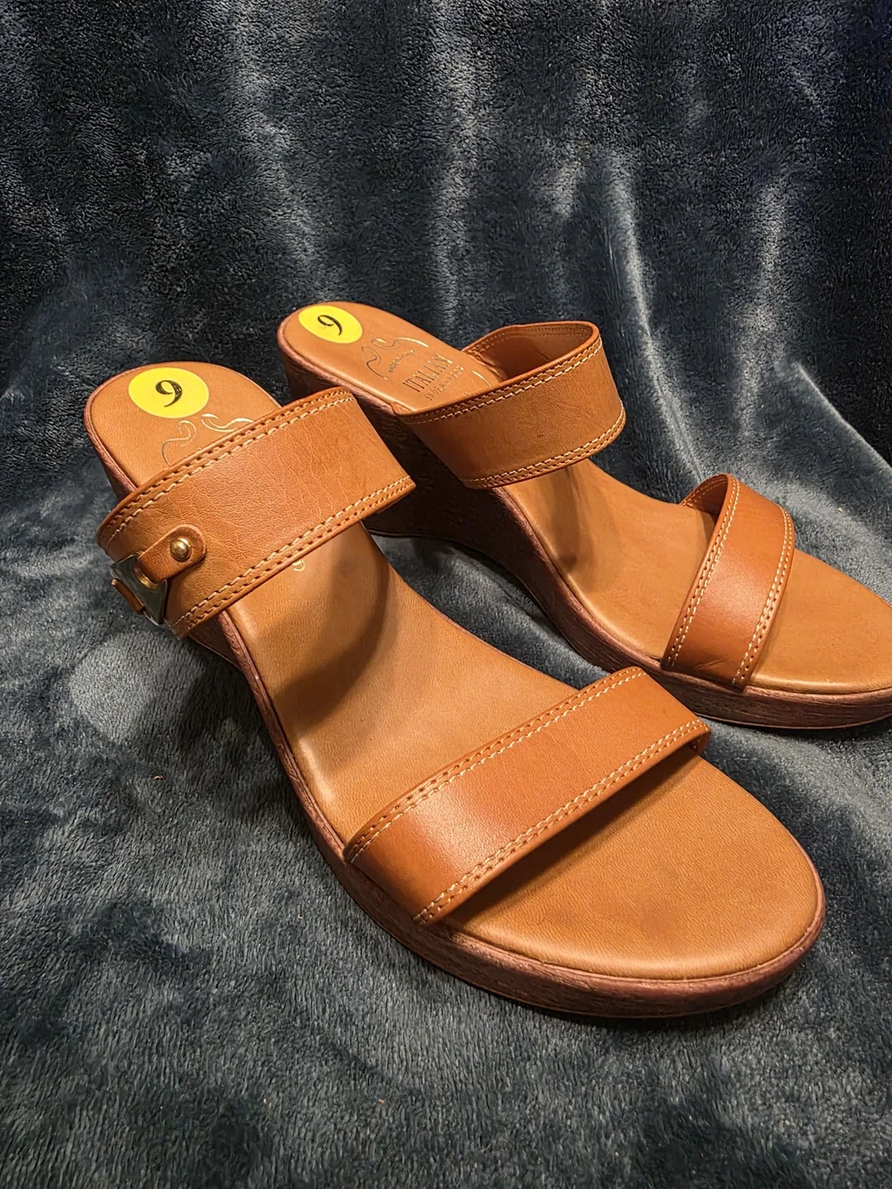 Italian Shoemakers Cognac Leather Wedge Sandals